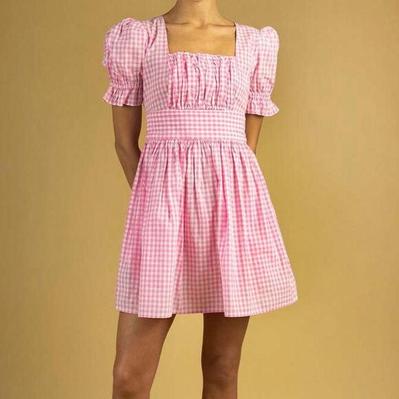 Batsheva Pink gingham dress with puff sleeves size 4 - Picture 1 of 8